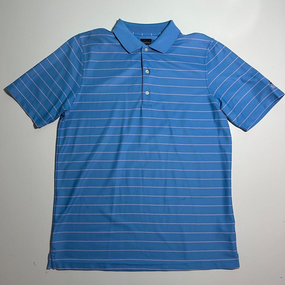 Greg Norman Play Dry Golf Polo Mens L Blue Pink Stripe Blackledge Country Club